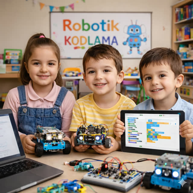 Robotik kodlama setleriyle çalışan çocuklar